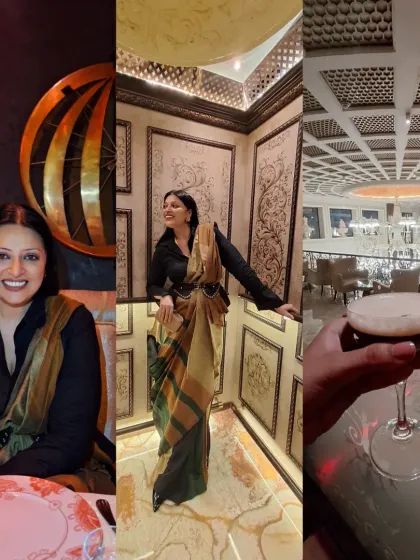 An evening at 'Made In India'. I styled a classic saree with a modern twist by draping it over a collared shirt, reflecting the restaurant's theme of blending traditional flavors with new techniques.