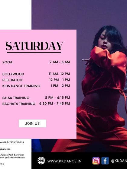 Our Saturdays are for dancing. We offer a full day of classes including Yoga, Bollywood, a special Reel Batch, Kids Dance Training, Salsa, and Bachata.