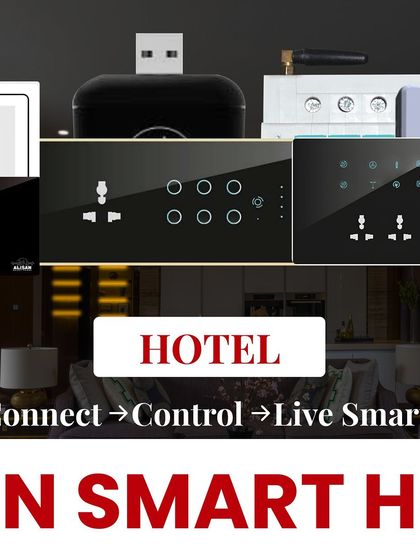 My smart solutions are not just for homes; they are perfect for hotels too. This image shows a collection of my control devices, including touch panels, designed for the hospitality industry.