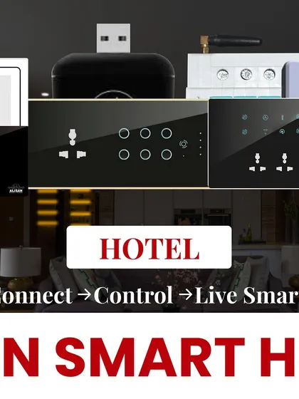 We provide smart automation solutions for the hospitality industry. This image highlights our range of products suitable for hotels, offering guests a modern and convenient experience.