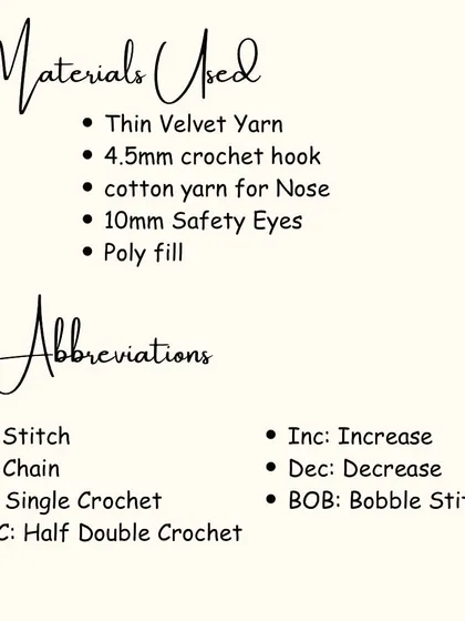 This slide lists all the materials and abbreviations you'll need for the seal project. I used thin velvet yarn and a 4.5mm hook, but you can adjust based on your preference.