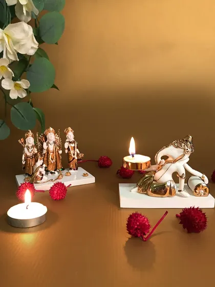 This collection of divine idols, featuring Ram Darbar and a reclining Ganesha, is designed for creating a serene and blessed corner in your home. Each piece is crafted with fine detail on a clean white base.