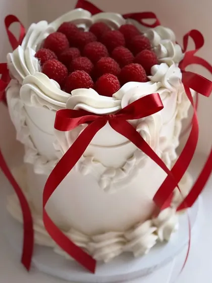 This raspberry cream cake is a perfect example of classic elegance. I use delicate piping techniques and fresh raspberries, finishing it with flowing red ribbons to create a romantic and timeless dessert for any special occasion.