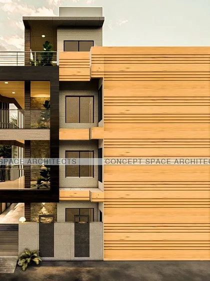 A unique facade design for a corner plot villa in Noida. We used a combination of horizontal wood-finish louvers and a patterned CNC-cut panel to create a distinctive and modern architectural statement.