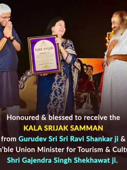 Receiving the 'Kala Srijak Samman' from Gurudev Sri Sri Ravi Shankar ji and Union Minister Shri Gajendra Singh Shekhawat at the Art of Living World Culture Festival was a deeply humbling experience. It was a beautiful confluence of art, culture, and spirituality.