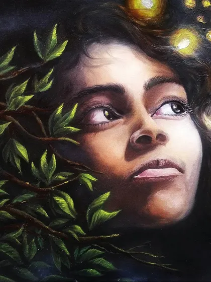 'Fireflies' is a study in light and shadow, known as chiaroscuro. The piece captures a moment of quiet wonder, where the subject's face is illuminated by the gentle, magical glow of fireflies, creating a dreamlike and contemplative atmosphere.