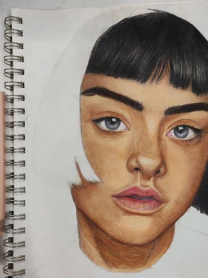 A work-in-progress of the bob haircut portrait, with the face and hair complete.