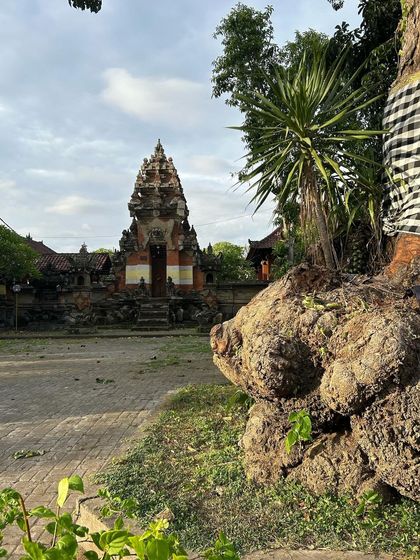 A traditional Balinese temple courtyard, where the gnarled roots of an ancient tree stand beside intricately carved brick and stone structures.