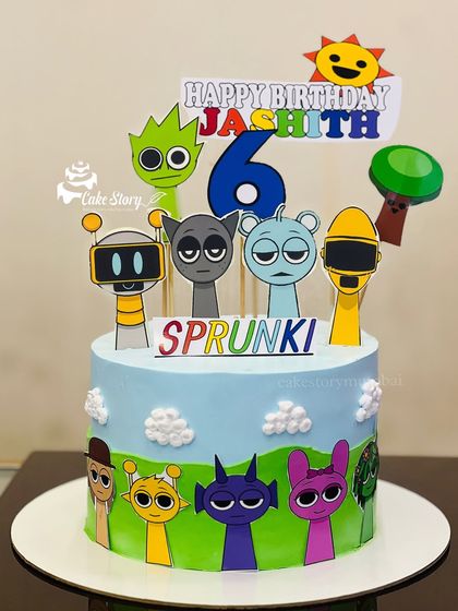 A cake based on the Sprunki cartoon characters. This design uses vibrant colors and multiple character toppers to create a playful scene for a 6th birthday.