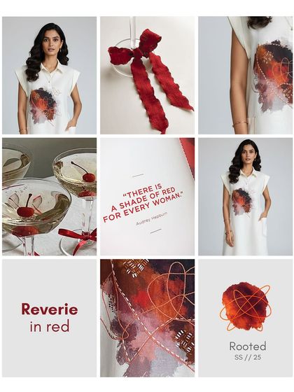 This mood board captures the essence of the Reverie in Red dress. Every shade of red carries its own magic, and this piece is a celebration of that passion and energy.