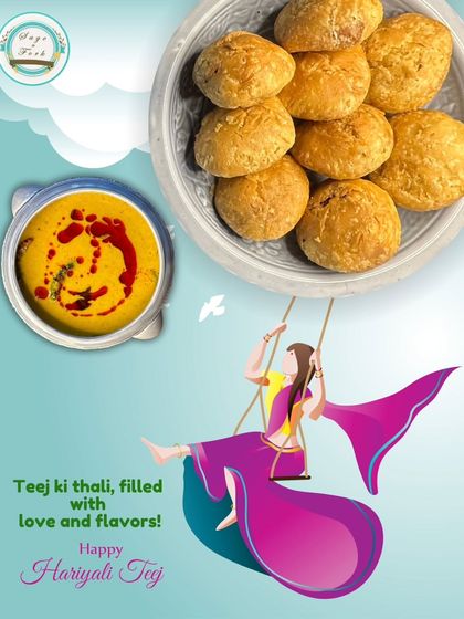 A Teej ki thali filled with love and flavors. This image highlights our Karhi Kachori, a traditional and hearty dish perfect for celebrating Hariyali Teej.