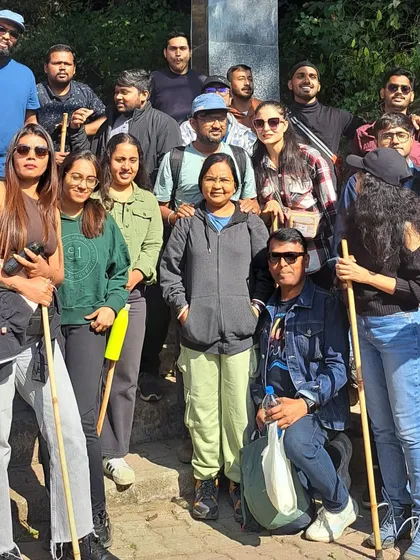 The trekking group ready for another day of adventure, armed with our trekking sticks and high spirits.