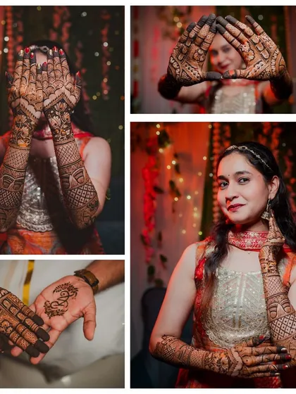 A collection of beautiful shots from a Mehandi night. It showcases the bride's intricate henna designs on her hands and feet, along with a sweet photo of the groom's hand with the bride's initial.