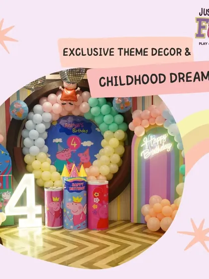 A cheerful Peppa Pig theme for Aarya's 4th birthday. We specialize in bringing popular cartoon characters to life with custom backdrops and themed props that make your child feel like they're part of the show.