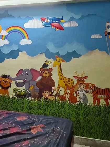 A cheerful and bright wallpaper can make a kid's room truly special. This full-wall mural features cartoon animals and a vibrant landscape, creating a fun and imaginative space for children.