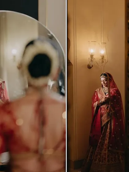 A diptych of Tanya getting ready, showing a reflection in the mirror and a full-length shot. These images capture the final touches and the elegance of her red bridal lehenga.