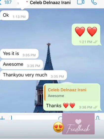 Positive feedback is the best reward. This is a screenshot of a chat with Delnaaz Irani expressing her thanks after receiving her box of desserts.