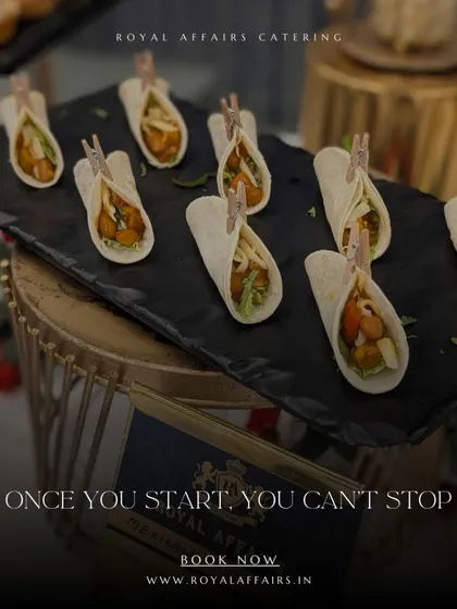 These mini tacos are designed to be irresistible. Each one is carefully filled and secured with a tiny clothespin for a playful touch, making them an easy-to-eat and popular choice for cocktail hours and social events.