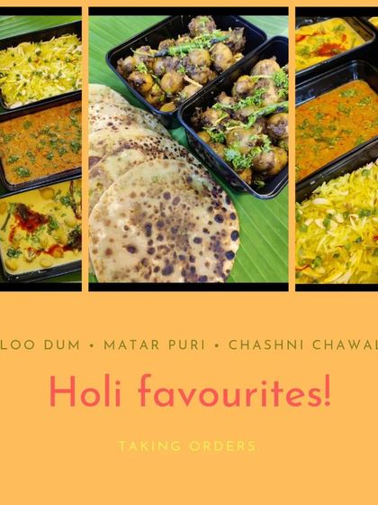 This collage highlights our popular dishes for the Holi festival. We offer traditional combinations like Aloo Dum with Matar Puri and sweet Chashni Chawal, providing a complete festive meal.
