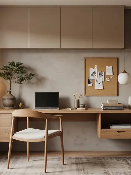 A Japandi-inspired study nook where every detail is intentional. The well-crafted wooden desk and warm, diffused lighting create an environment for deep focus.