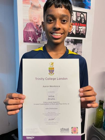 Another distinction. Congratulations to Aaron for his excellent result in the Trinity Initial Drums exam. We are so proud of your hard work.