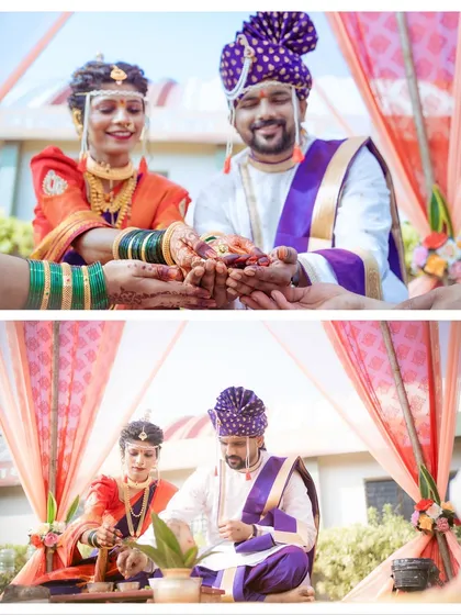 A collage showing important rituals from a Maharashtrian wedding. From the Kanyadaan to other sacred ceremonies, I document each significant moment with care and attention to detail.