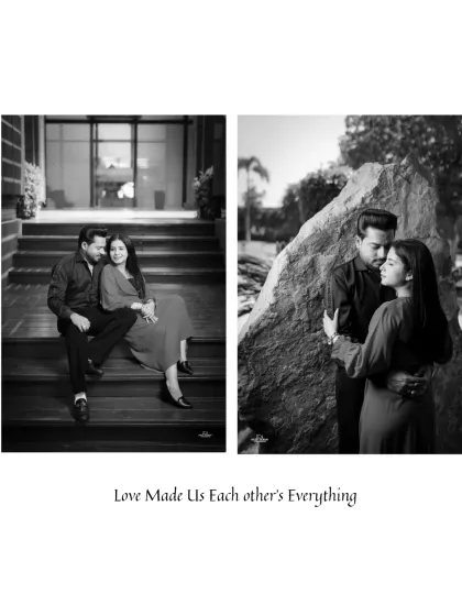 A black and white two-panel image showing the couple in tender poses on a staircase and against a rock, capturing moments of quiet intimacy.