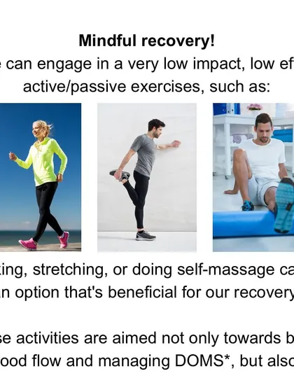 Rest days can include mindful, low-impact active recovery. Gentle walking, stretching, or self-massage can improve blood flow and help manage delayed onset muscle soreness (DOMS).