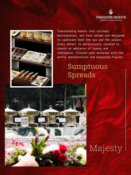 Our food setups are designed to captivate both the eye and the palate. This image shows our sumptuous spreads, featuring both modern appetizer displays and traditional chafing dishes.