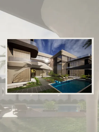 A creative shot showing the organic, supportive column that is a key feature of this contemporary home's exterior design, framing the view of the pool and garden.