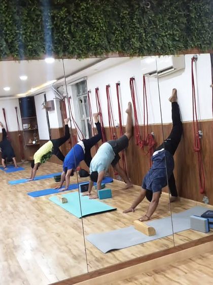 This image shows a class working on a one-legged downward dog variation at the wall, a great preparation for building strength for handstands and other inversions.