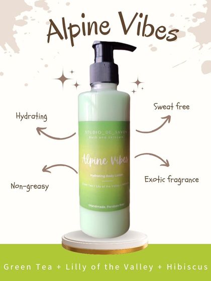 This is my Alpine Vibes body lotion. It's a non-greasy, sweat-free formula with a fresh scent of green tea, lily of the valley, and hibiscus.