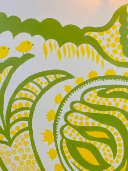 A close-up of the four yellow birds in the 'Harmony' mural, representing the four children of the family. It’s these little personal details that make a custom mural so special.