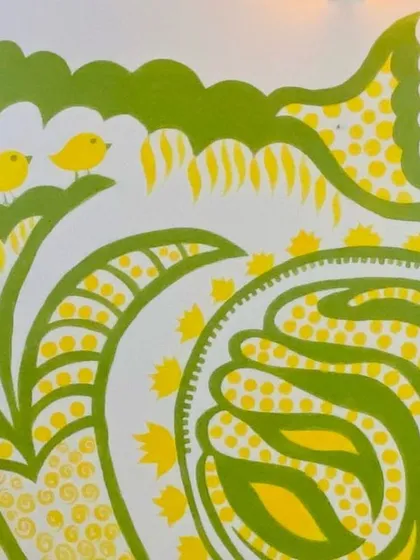 A close-up of the four yellow birds in the 'Harmony' mural, representing the four children of the family. It’s these little personal details that make a custom mural so special.