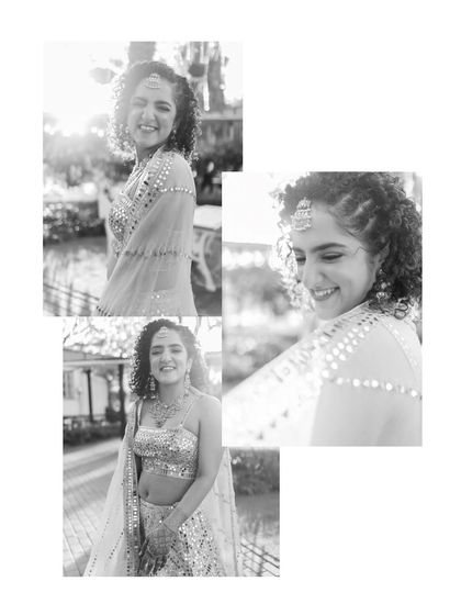 A collage of black and white portraits of a bride with beautiful curly hair. Her radiant smile and the sun-kissed lighting create a series of joyful and natural shots.