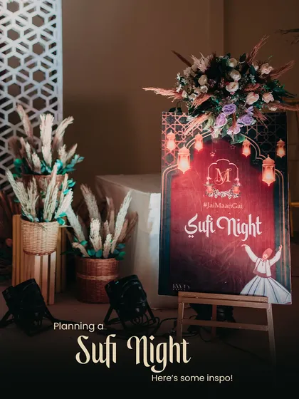 Planning a Sufi Night starts with setting the right mood. This welcome sign, with its elegant design and rustic decor elements, invites guests into an evening of soulful music and mystical ambiance.