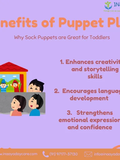 An infographic detailing the developmental benefits of puppet play, including enhanced creativity, language development, and emotional expression.