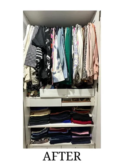 After: The same wardrobe, now completely transformed. We hung tops, folded bottoms on shelves, and used bins to create a clear, functional system.