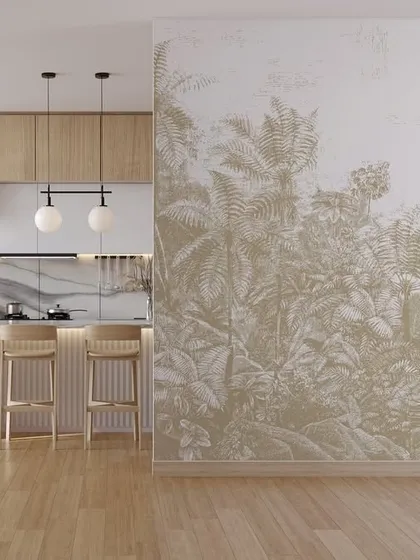 A subtle jungle-themed mural in a monochrome beige, offering a softer take on the tropical trend. This design from the Parisian Tales collection adds texture and interest without overpowering the modern kitchen area.