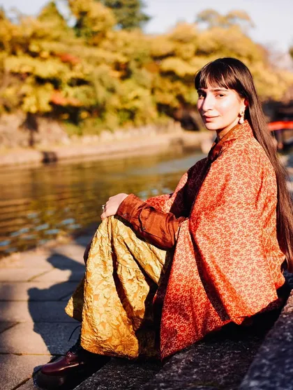 During a trip to Kyoto, I styled a vintage 1950s Meisen silk kimono jacket with rich Indian textiles.