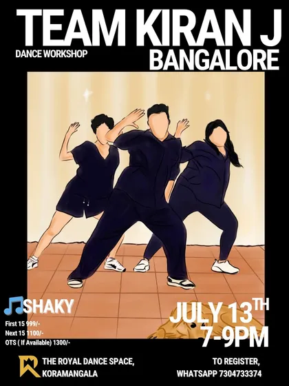 Workshop poster for Team Kiran J, known for their high-energy freestyle and commercial routines.