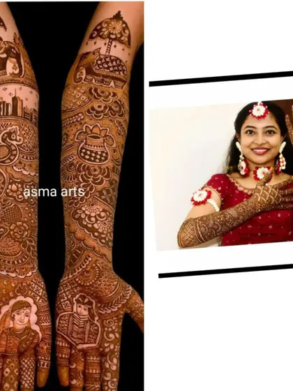 Here you can see how the intricate story mehendi, with its city skyline and portraits, looks on the bride on her special day.
