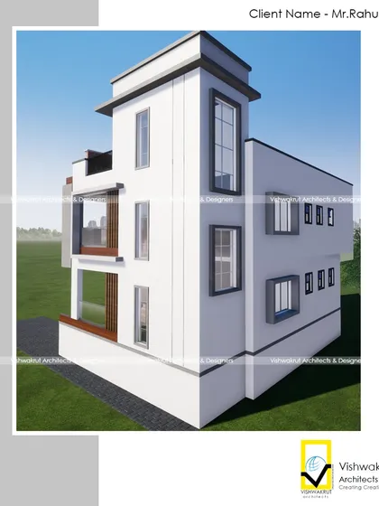This is an architectural render for a bungalow in Navghar, Uran. The design uses clean lines and framed window projections to create a modern and minimalist facade.