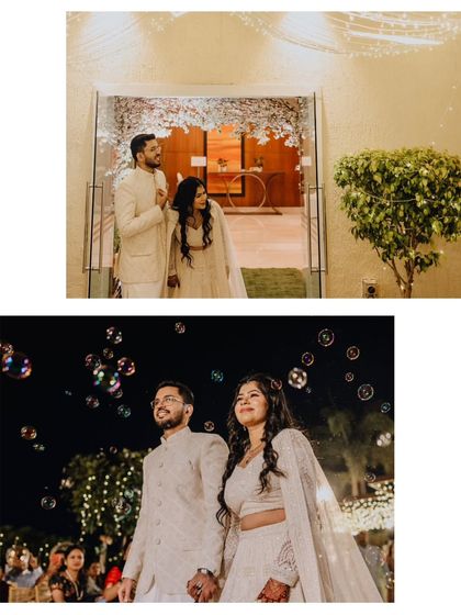The couple making their entrance through a bubble-filled walkway, a whimsical and joyful start to their white-themed engagement party.