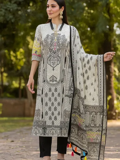 You can never go wrong with a classic black and white printed suit. This set features a straight-cut kurta with an intricate, architectural print and comes with a light, matching dupatta finished with playful tassels. It's a sophisticated look that is perfect for the office or a semi-formal dinner.