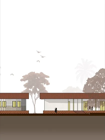This architectural elevation provides another perspective on the school's design, illustrating the relationship between different building sections. These detailed plans are fundamental to our design and build process.