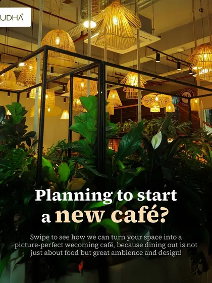 For a cafe, ambiance is as important as the coffee. Here, I used a combination of abundant greenery and warm, woven light fixtures to create a welcoming, picture-perfect atmosphere that invites customers to stay a while.