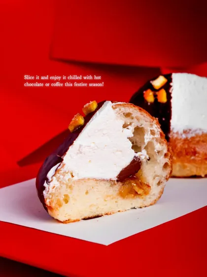 A perfect slice of our Dark Chocolate Orange Maritozzo, best enjoyed chilled with a hot drink.