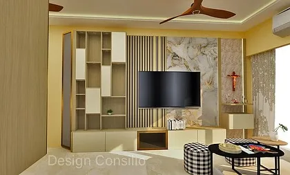 This TV unit was designed to incorporate a small altar for our client. The design balances entertainment needs with a sacred space, using marble and wood textures for a cohesive look.