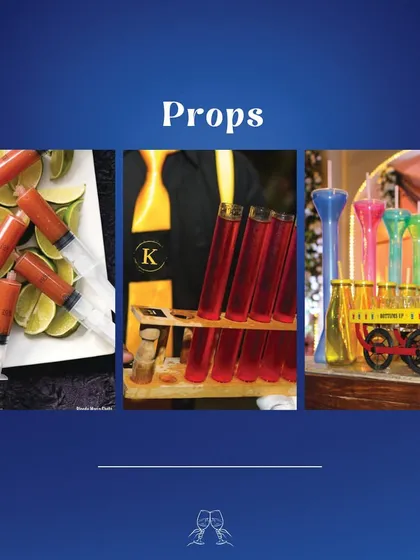 We offer a variety of fun props to enhance your party. This includes everything from shot-filled syringes and test tubes to colorful yard glasses, perfect for adding a playful touch.